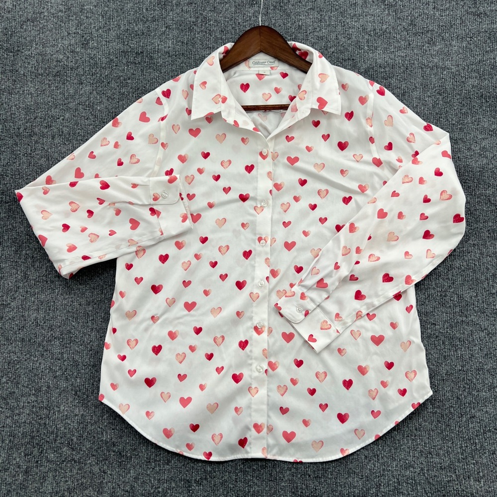 Coldwater Creek White Button-Down Shirt with Pink & Red Heart Print